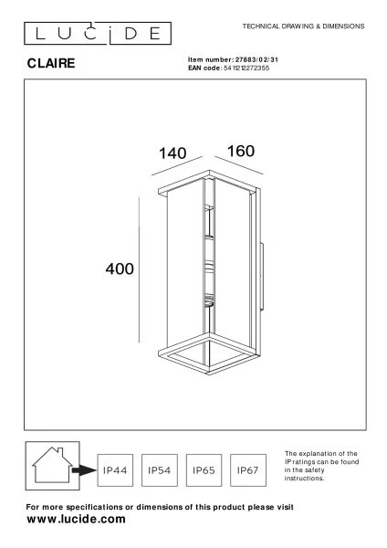 Lucide CLAIRE - Wandlamp Binnen/Buiten - 2xE27 - IP54 - Wit - technisch